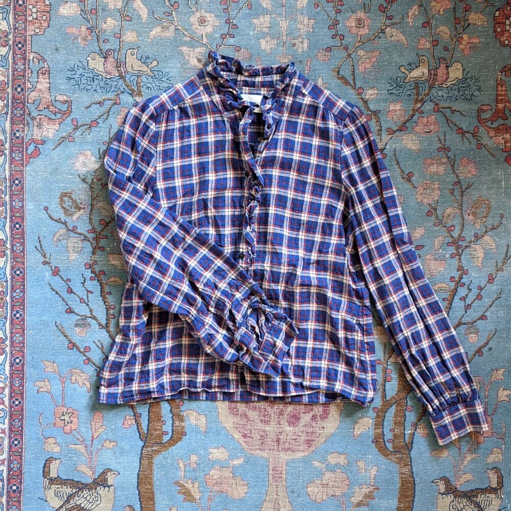 Chic trendy Sezane Chlo red blue cream plaid ruffle placket shirt size 8/40/L